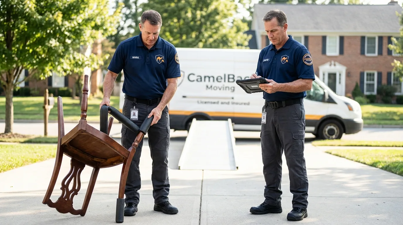Movers inspecting furniture for damage prevention before loading in Mableton, GA