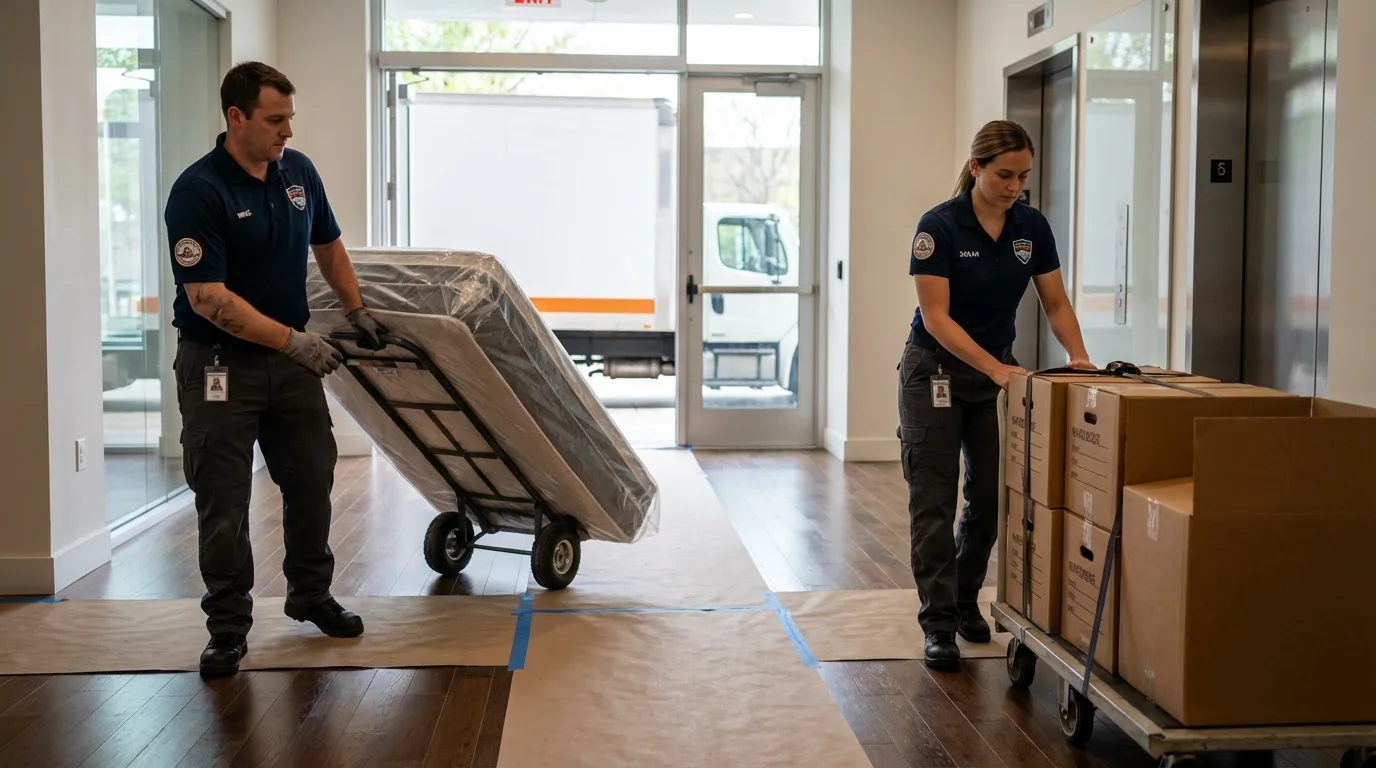 Professional apartment movers loading elevator in Mableton, GA